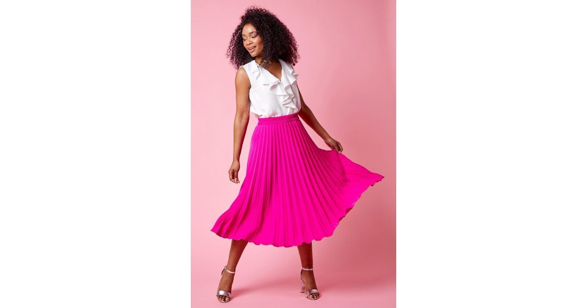Roman Petite Elastic Waist A Line Pleated Midi Skirt in Pink Lyst UK