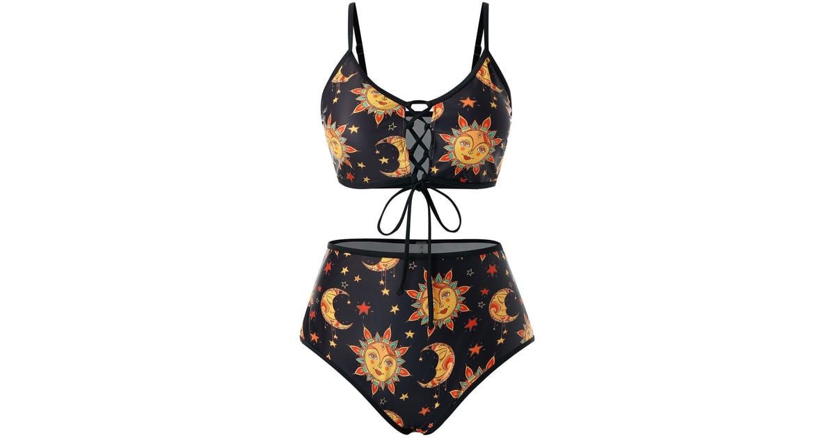 sun moon star print lace up tummy control tankini swimwear