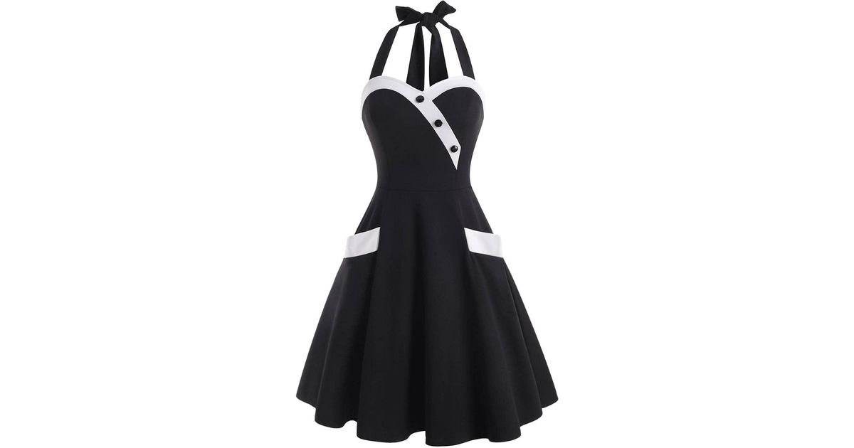 Download Rosegal Bicolor Halter Mock Button Pocket Dress in Black ...