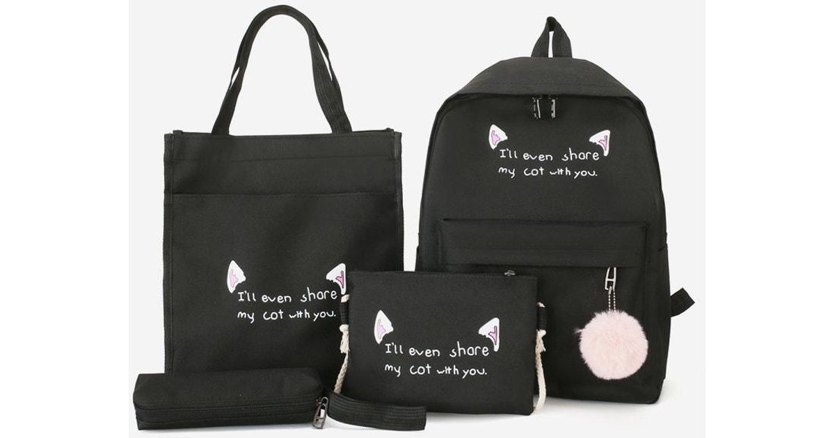 Rosegal Canvas Plush Ball Letter Decoration Backpacks Set In Black