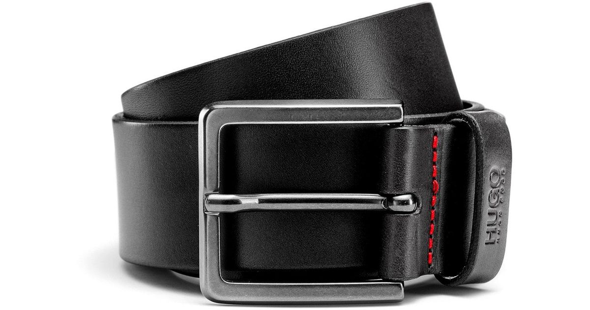 HUGO Leather Belt With Matte Gunmetal Hardware in Black for Men - Lyst
