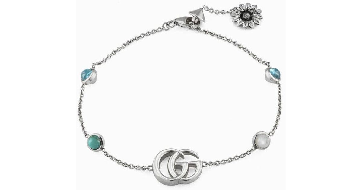Gucci GG Marmont Bracelet In Silver With Blue Monogram And Motherof