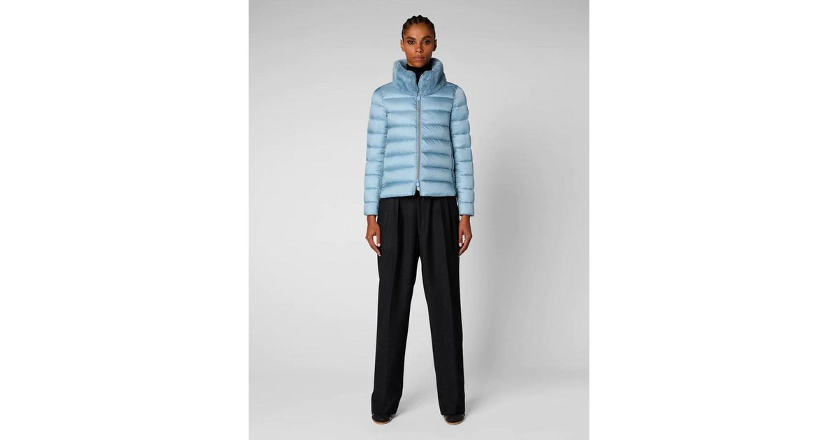 Save The Duck Mei Puffer Jacket With Faux Fur Collar Powder Blue Lyst