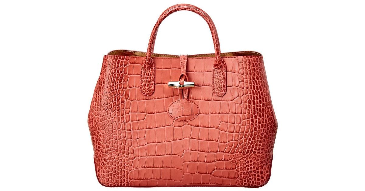 Longchamp Pink Roseau Croco Small Embossed Leather Tote Longchamp Pink Roseau Croco Small Embossed Leather Tote