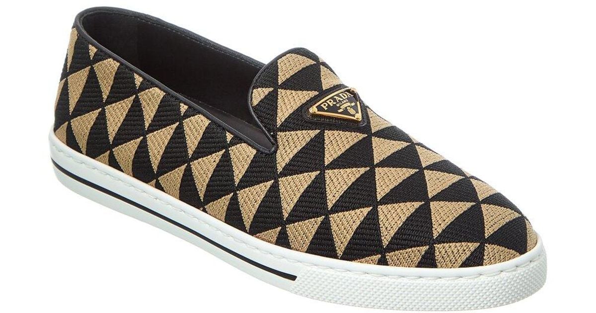 PRADA プラダ Prada Logo Jacquard & Leather Slip-On Sneaker in Black | Lyst