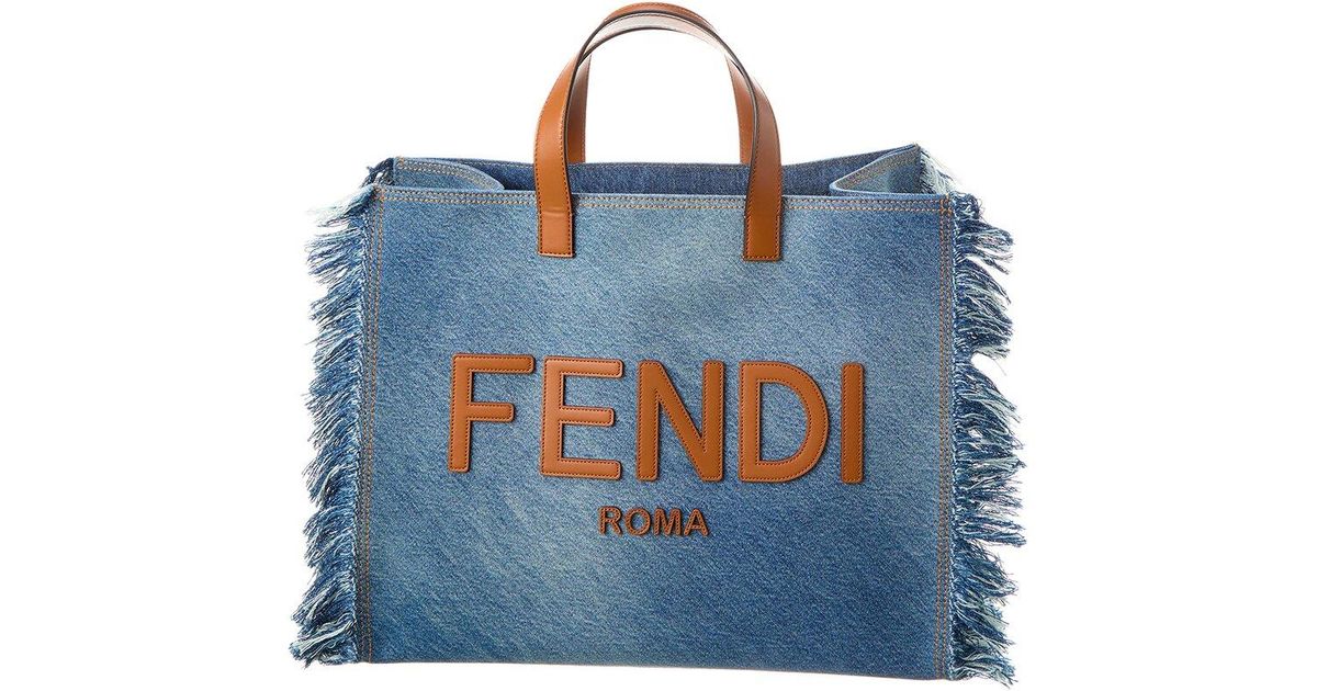 Fendi Logo Fringe Denim & Leather Tote in Blue | Lyst