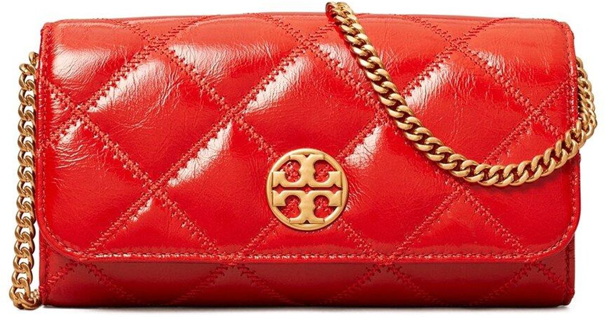 Tory Burch Willa Shine Leather Chain Wallet in Red | Lyst