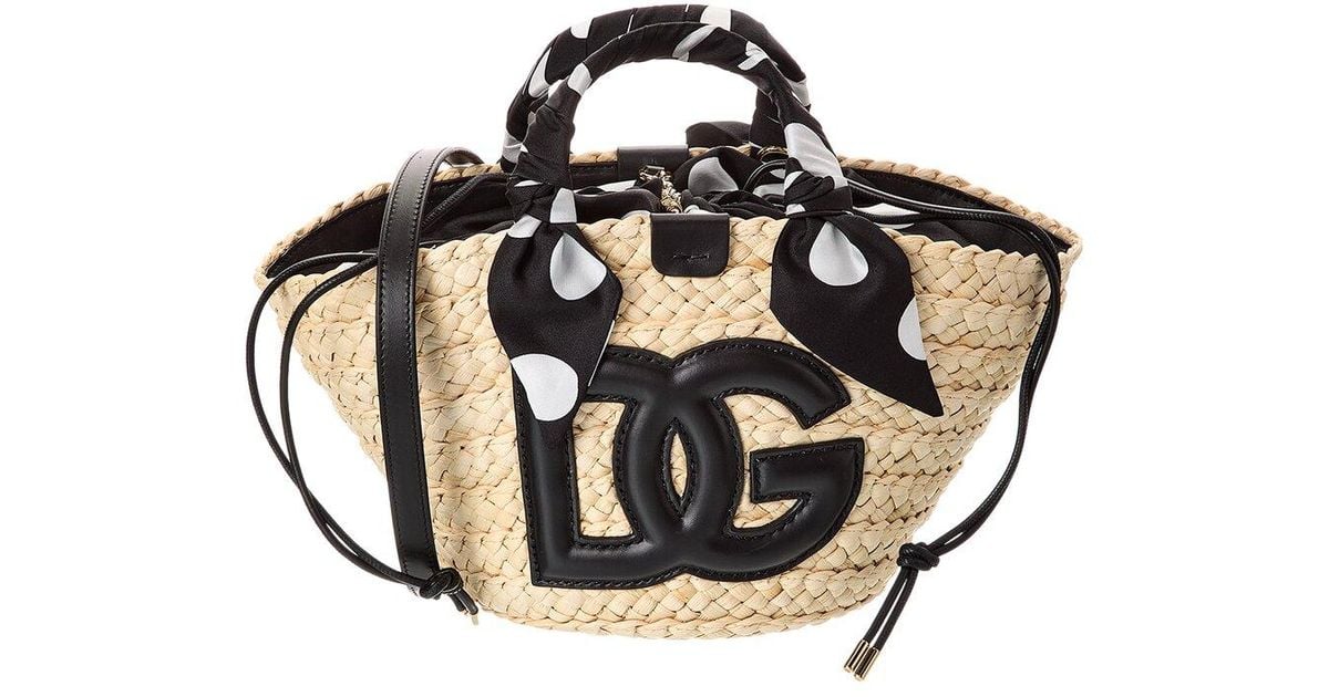 Dolce & Gabbana Kendra Small Straw & Leather Tote in Black | Lyst