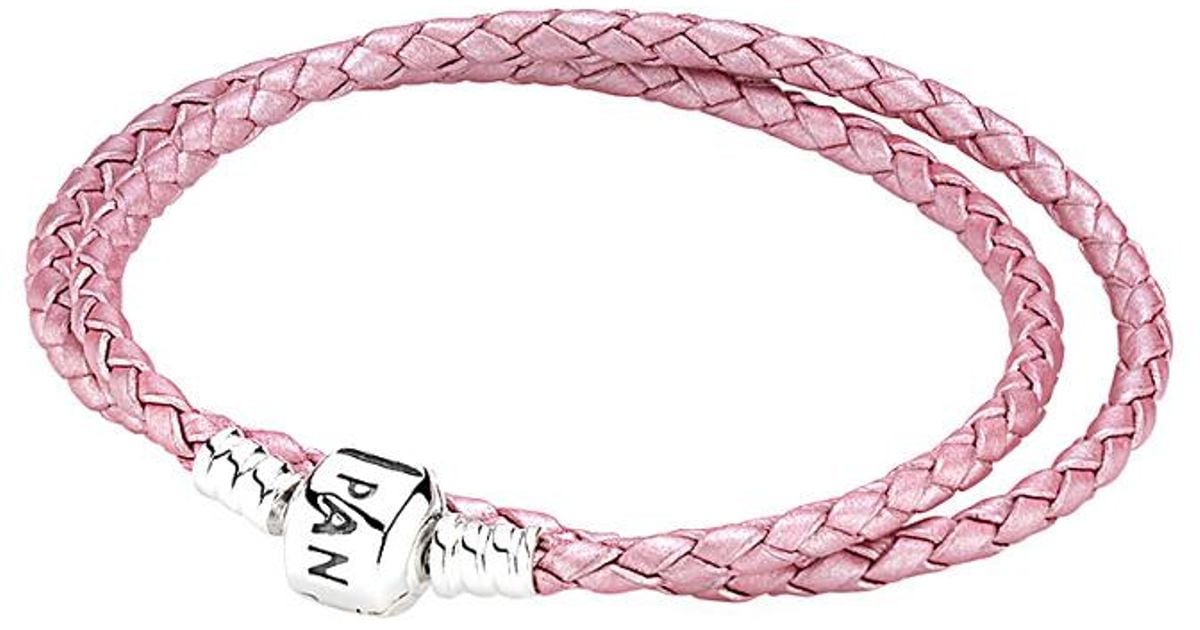 PANDORA Leather Silver Light Pink Double Braided Bracelet - Lyst