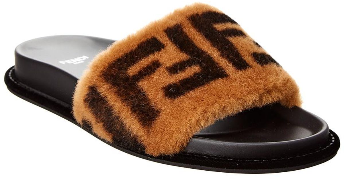 Fendi Ff Leather \u0026 Fur Slide Sandal in 