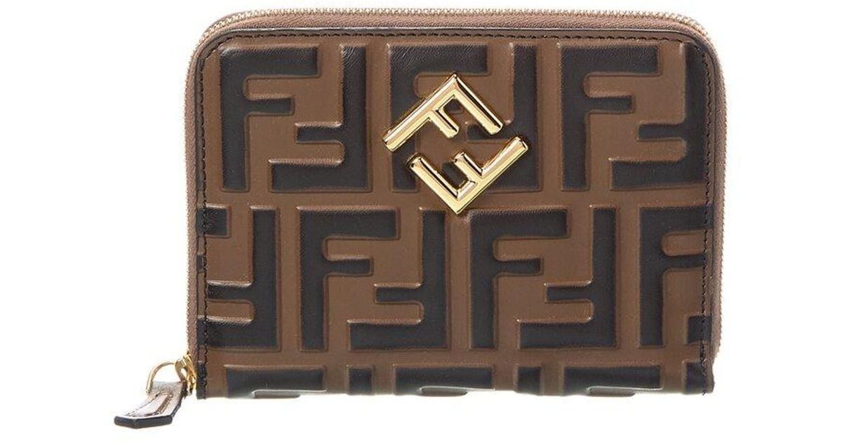 Fendi Ff Diamonds Leather Zip Around Medium Wallet in Brown