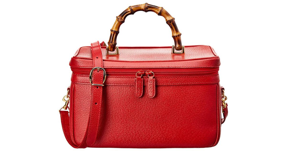 Gucci Red Leather Bamboo Vanity Bag