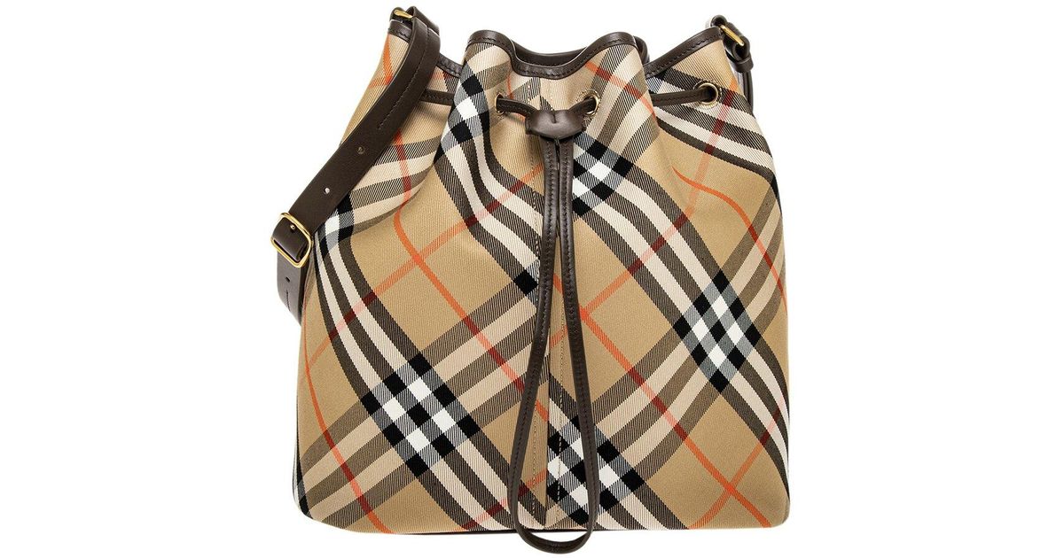 Burberry Check Medium Leather-trim Bucket Bag in Metallic