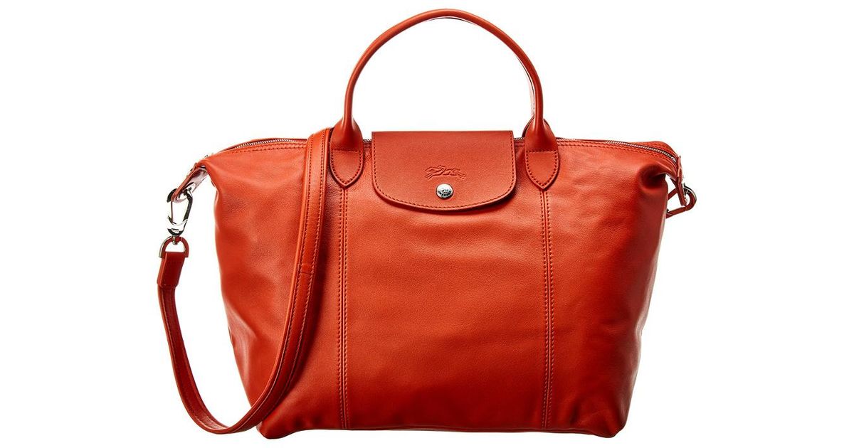 Longchamp Red Le Pliage Cuir Medium Leather Short Handle Tote Longchamp Red Le Pliage Cuir Medium Leather Short Handle Tote