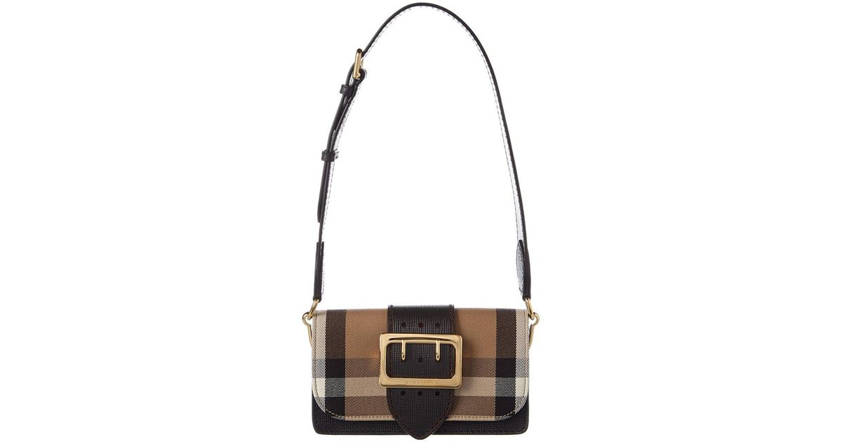 Burberry Small Bridle House Check & Leather Buckle Crossbody in Black ...