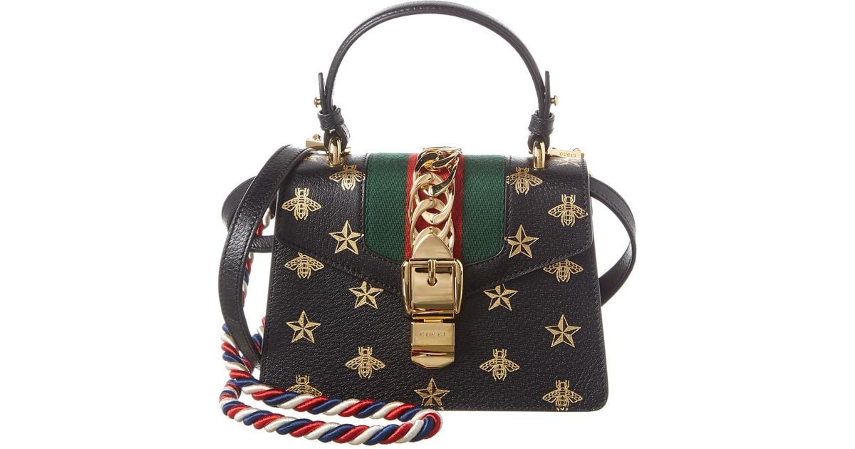 Gucci Black Bee Star Print Leather Small Sylvie Shoulder Bag Gucci