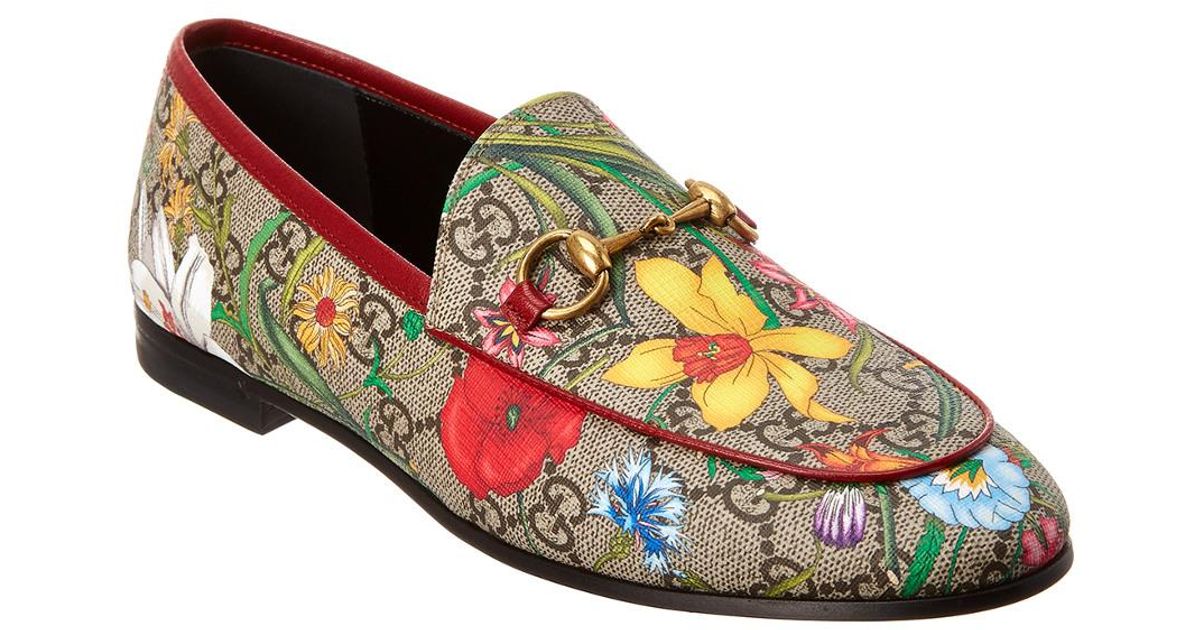 Gucci Jordaan GG Flora Canvas & Leather Loafer in Red - Lyst