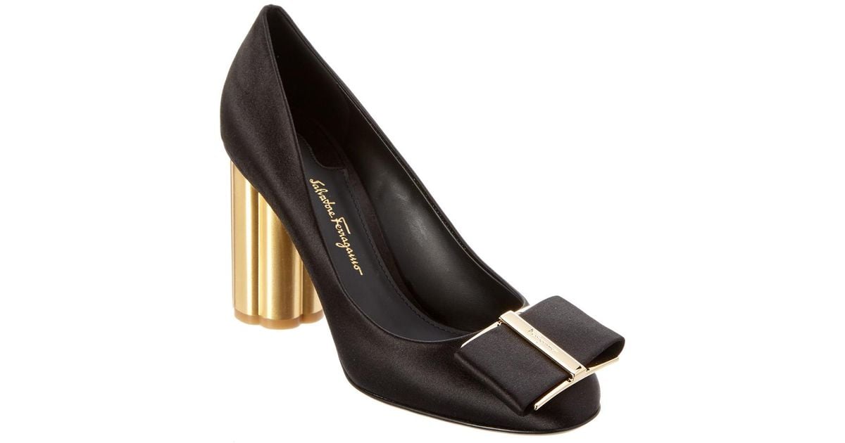 Ferragamo Capua Flower Heel Satin Pump in Black | Lyst