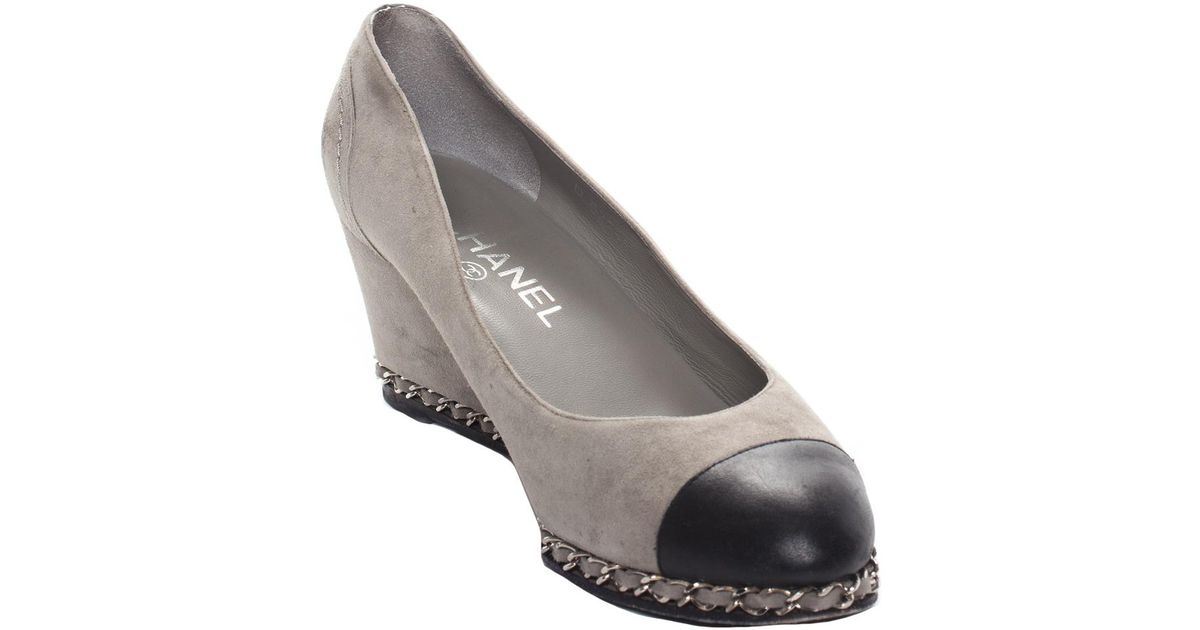 Chanel Gray Suede Black Leather Cap Toe Chain Trim Wedges (size 38
