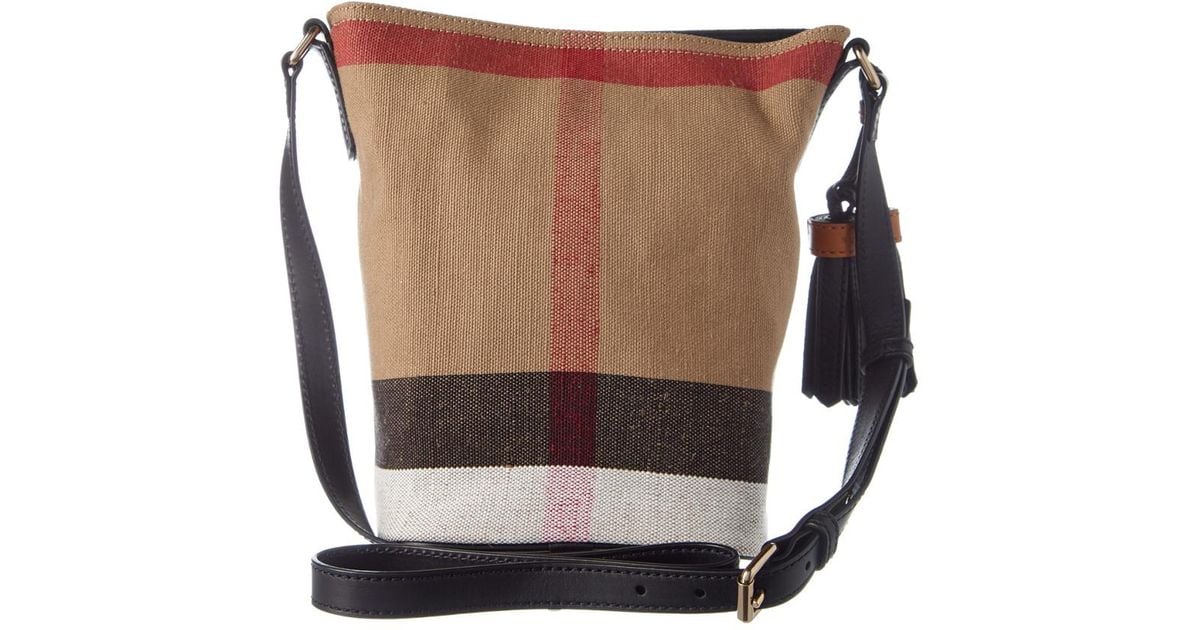 Burberry Ashby Small Canvas Check & Leather Bucket Bag in Natural | Lyst