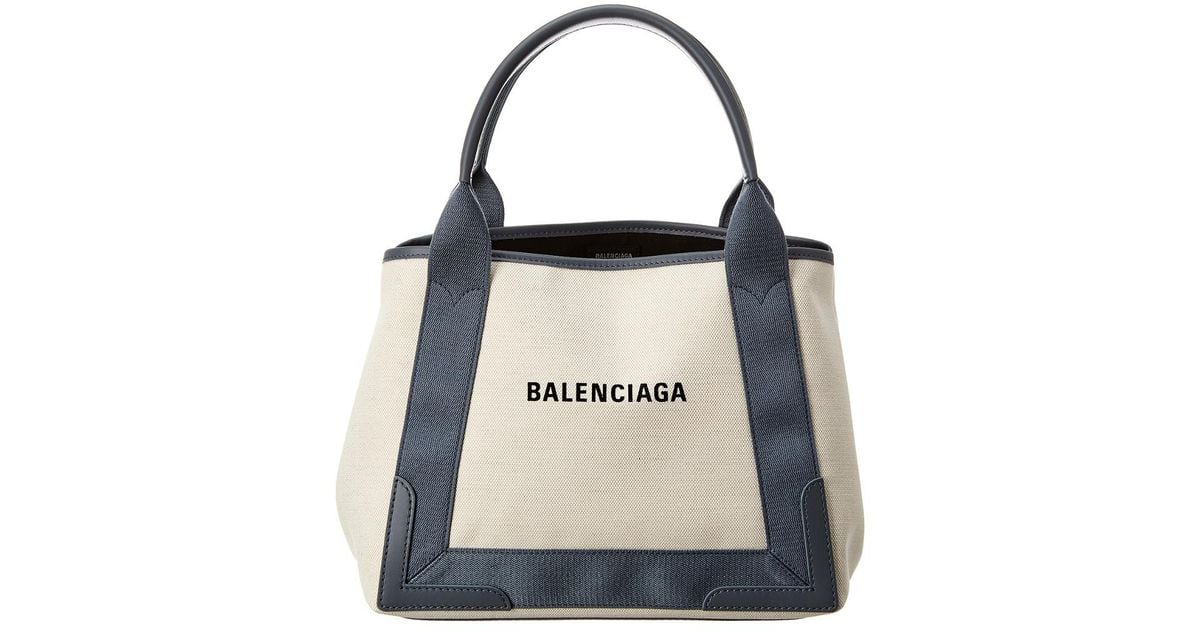 Balenciaga Navy Cabas Small Canvas & Leather Tote in White | Lyst