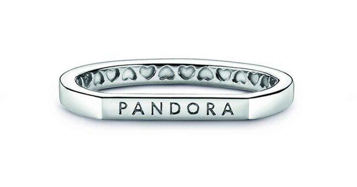 PANDORA Signature Silver Logo Bar Ring in White | Lyst