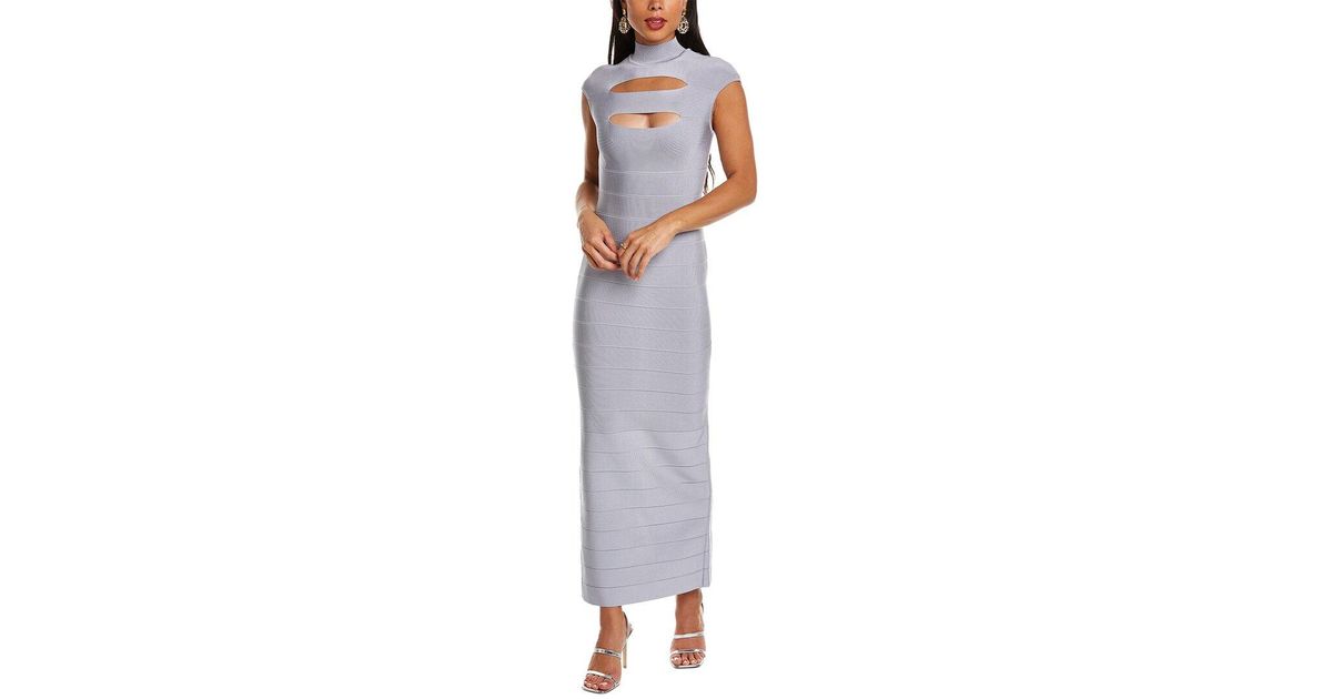 Hervé Léger Icon Cap Sleeve Cut-out Gown in Gray | Lyst