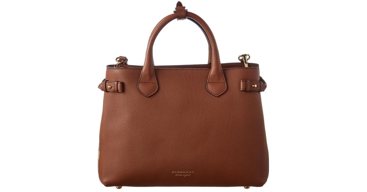 Burberry Medium Banner House Check Leather Tote In Brown Lyst