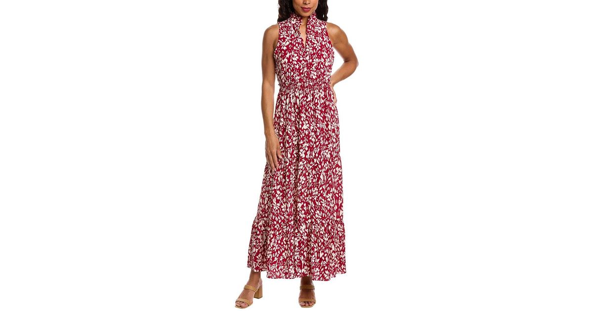 London Times Ruffle Neck Peasant Maxi Dress in Red | Lyst