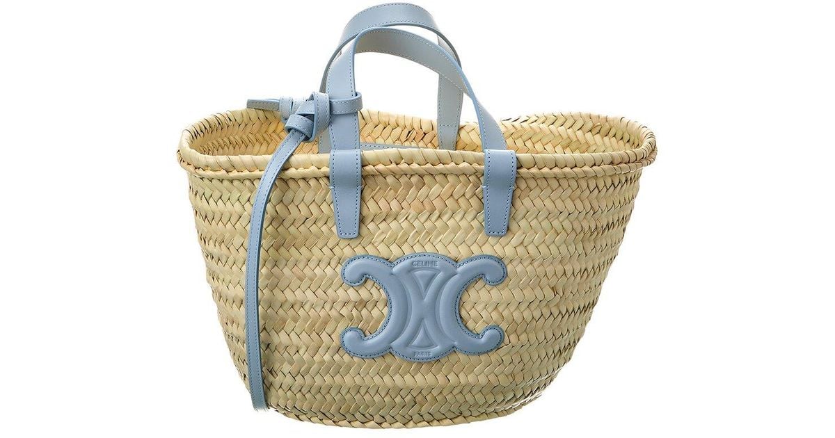 Celine Triomphe Classic Panier Straw & Leather Tote in Blue
