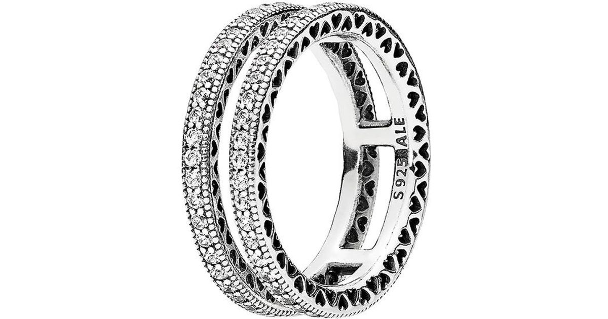 PANDORA Silver Cz Double Hearts Of Ring 