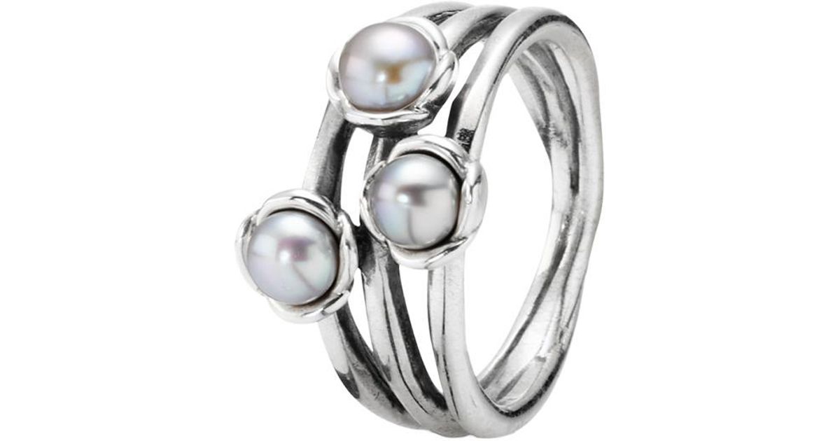 PANDORA Triple Bloom Silver Pearl Three Wishes Ring in Metallic - Lyst