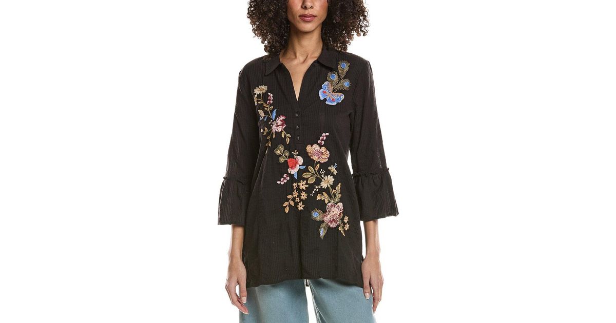 Johnny Was Ruffle Sleeve Henley Silk Tunic in Black | Lyst