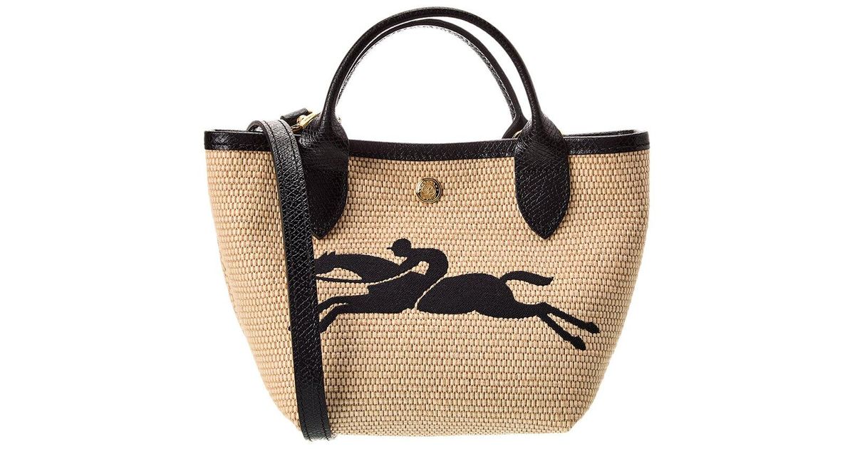 Longchamp Le Pliage Paris Sainttropez Straw & Leather Tote in Black