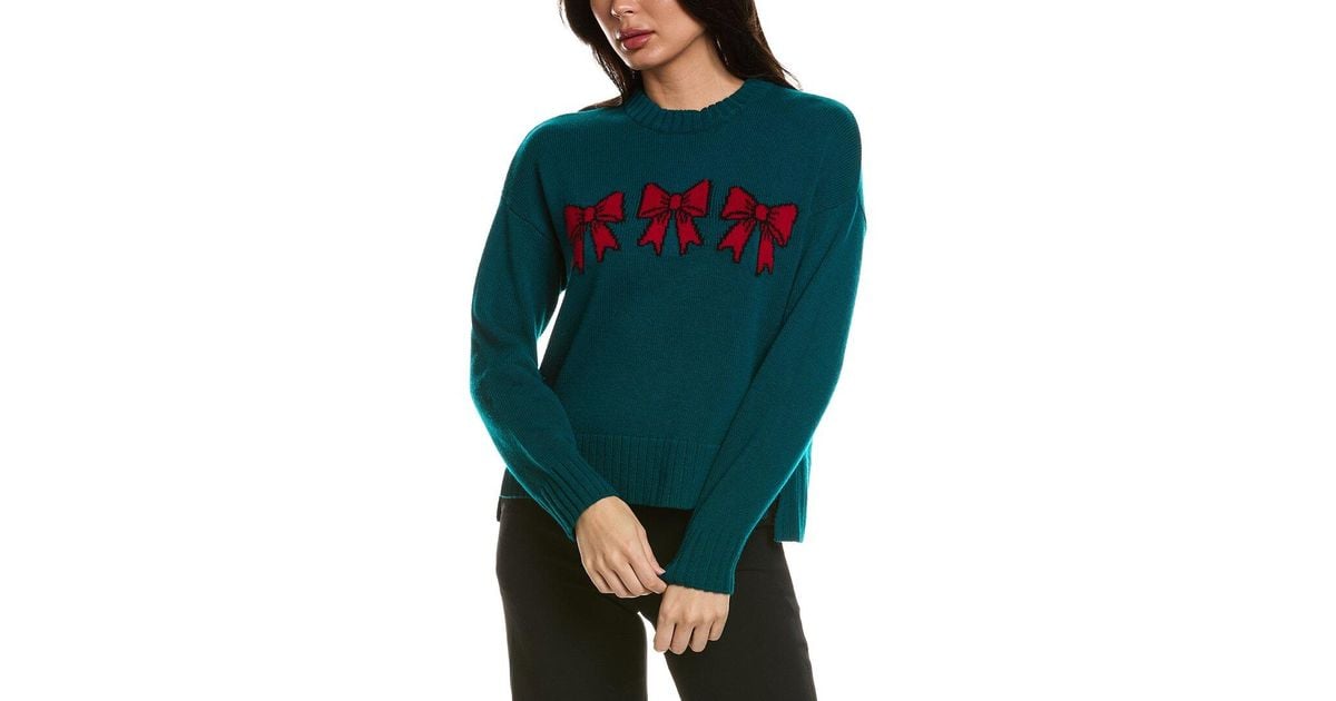 Hannah Rose Merino Wool Three Bows Crewneck Sweater in Green | Lyst