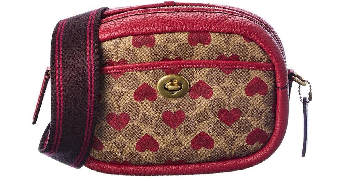 COACH Heart Print Signature Coated Canvas & Leather Camera Bag in Red