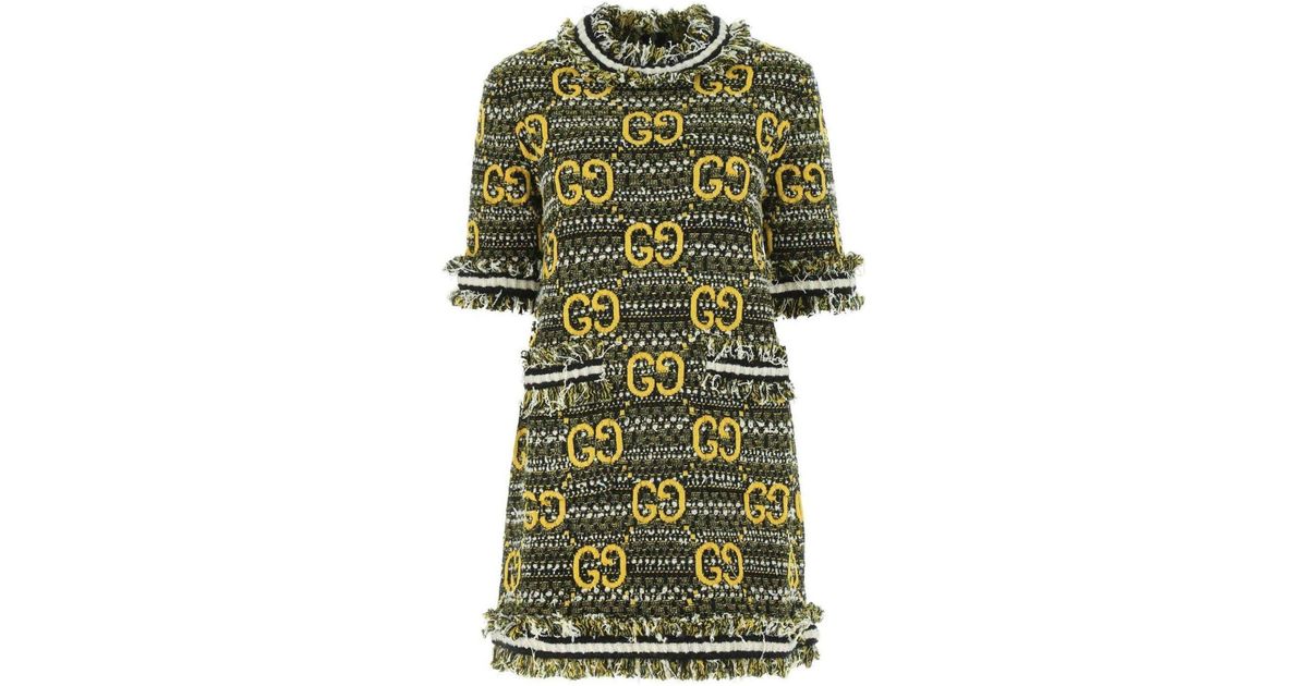 Gucci GG Tweed And Lam Dress in Green | Lyst UK