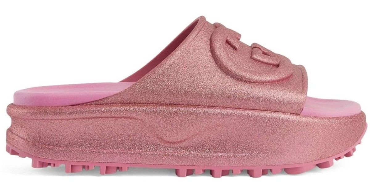 サンダル・ミュール Miami GG-Embossed Pink Rubber Slides gucci-miami-gg-embossed-