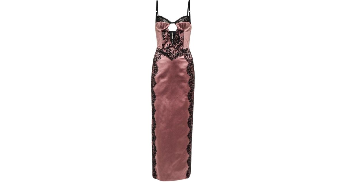 gucci red dress with black lace Gucci Lace-trimmed Silk Satin Midi Dress in Red