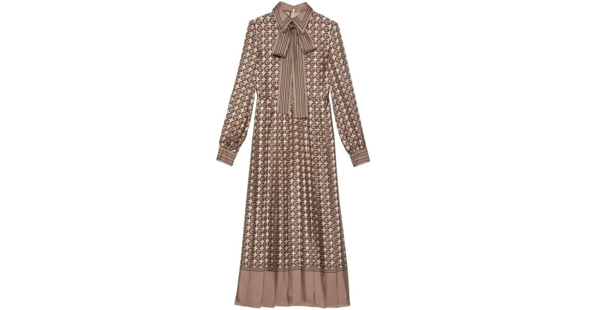 パーティードレス Silk Shirt Dress with Round G Logo Print Gucci Silk Shirt Dress With Round G Logo Print in Natural