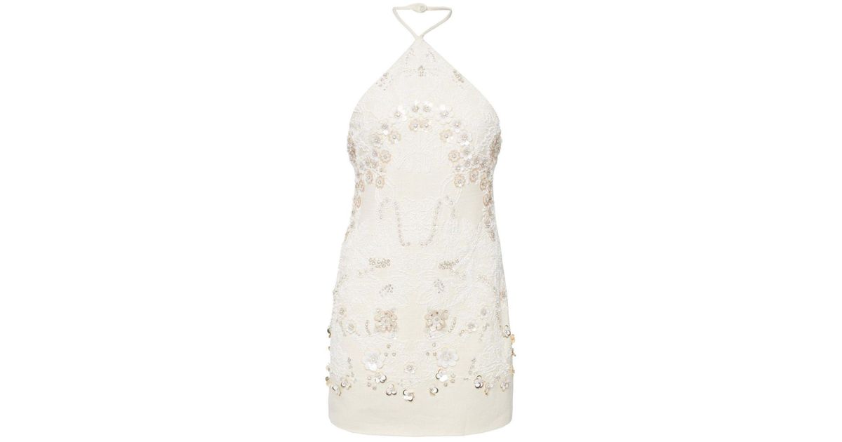 Valentino Floral Sequin Beaded Halter Mini Dress in White | Lyst