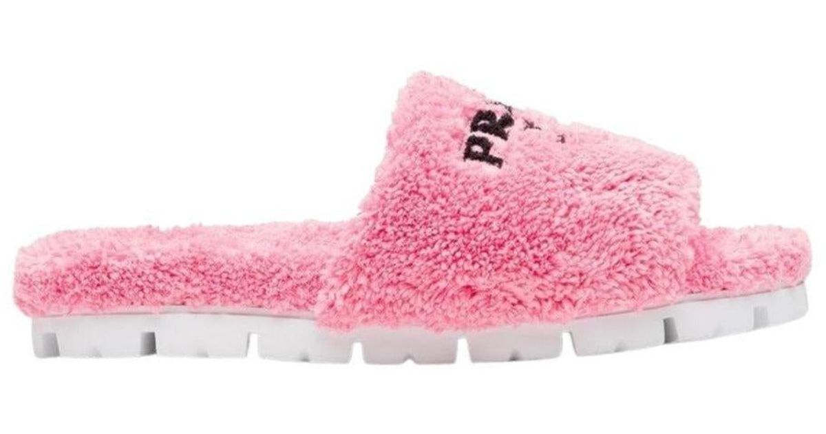 Prada Rubber Logo-embroidered Faux Shearling Slides in Pink | Lyst
