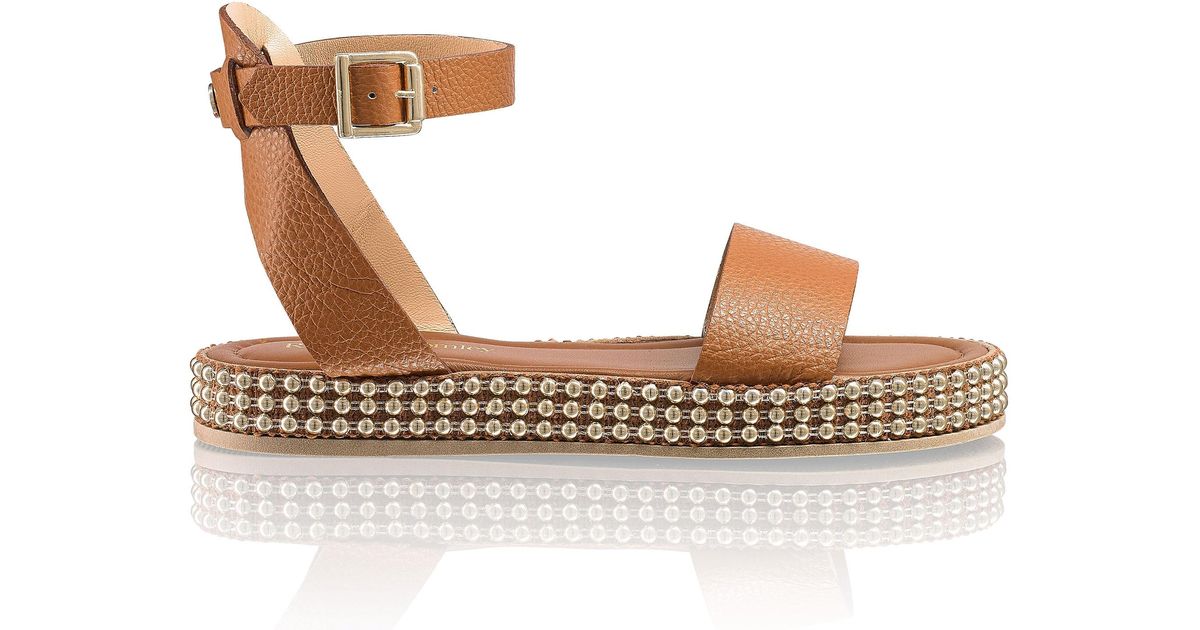 Russell Bromley Women s Brown Leather Gold Coast Studded Flatform Sandals Size Uk 5