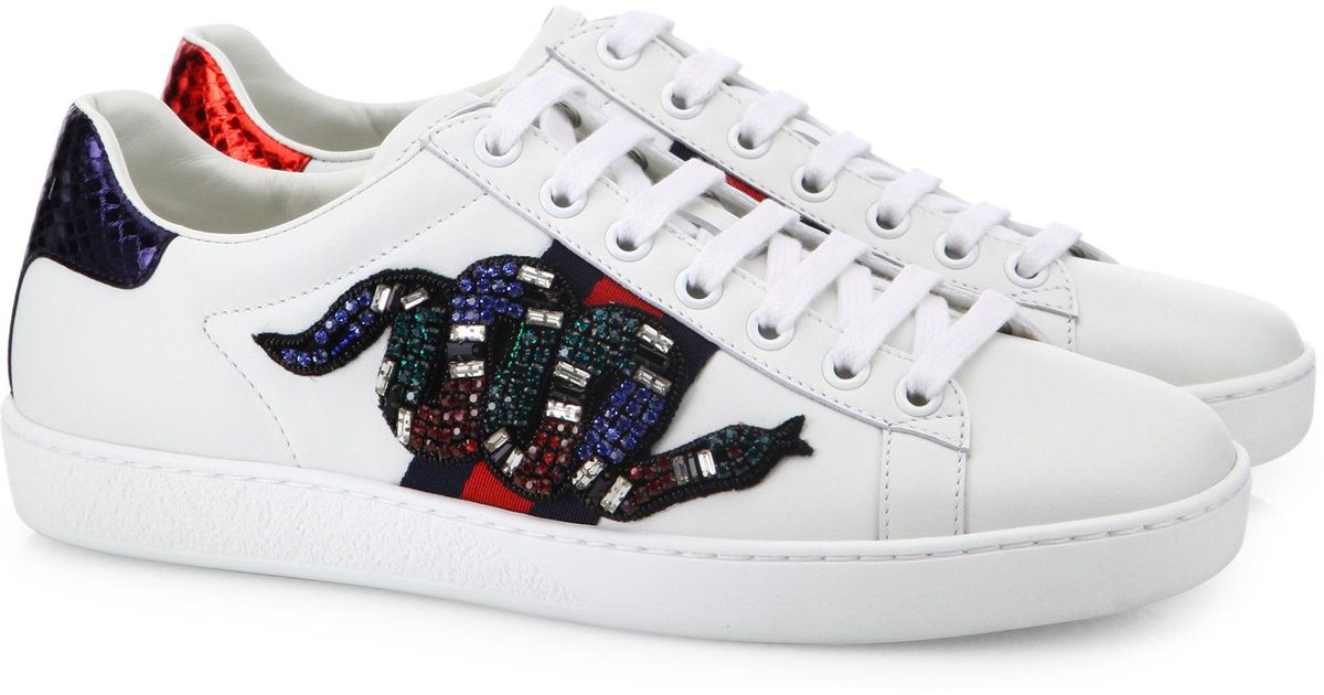 Gucci New Ace Crystal-embroidered Snake Leather Low-top Sneakers | Lyst