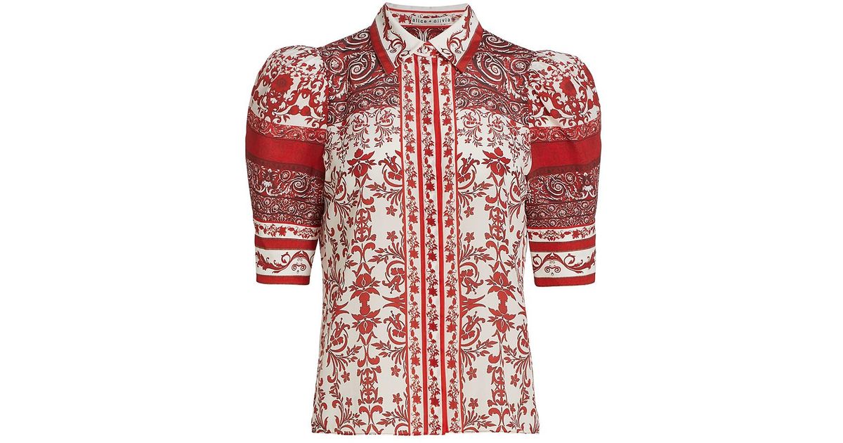 Alice + Olivia Willa Paisley Puff-sleeve Top in Red | Lyst