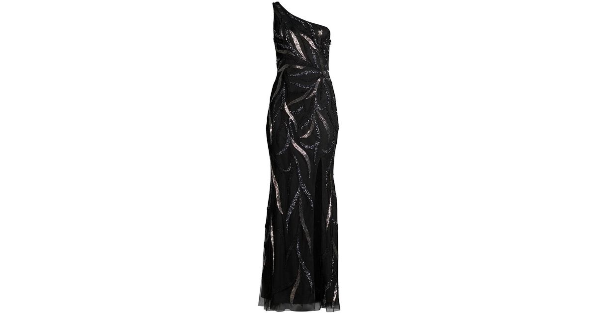 Aidan Mattox Synthetic One-shoulder Beaded Slit Gown in Black - Lyst