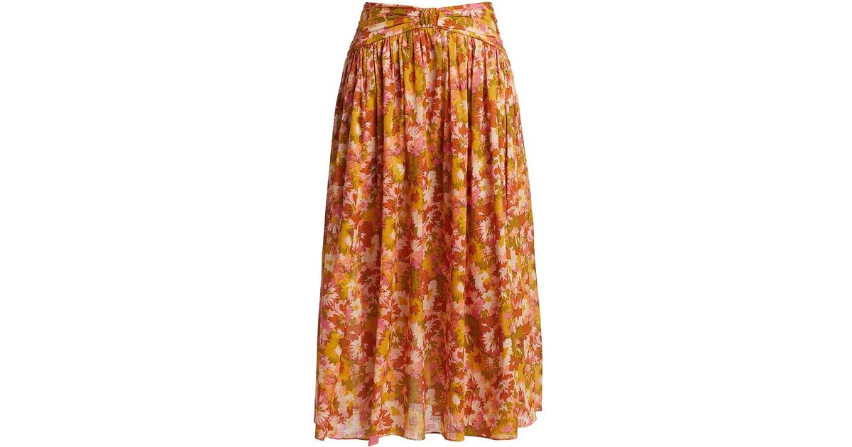 Zimmermann Violet Floral Cotton Godet-pleated Midi-skirt in Orange | Lyst