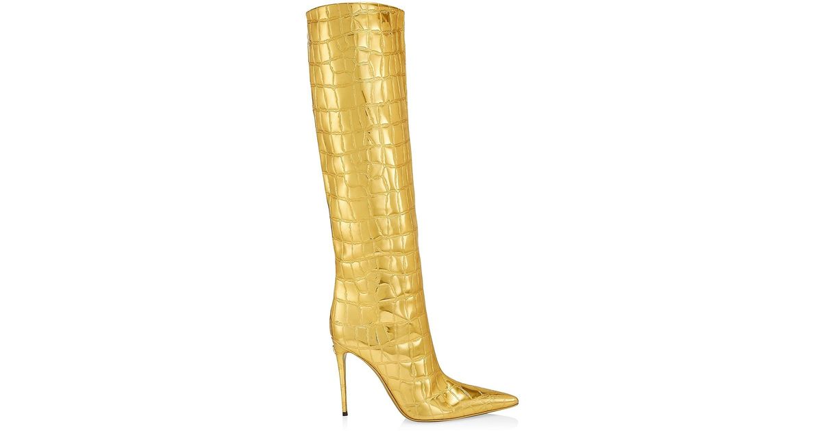 Dolce & Gabbana Metallic Crocembossed Faux Leather High Boots in