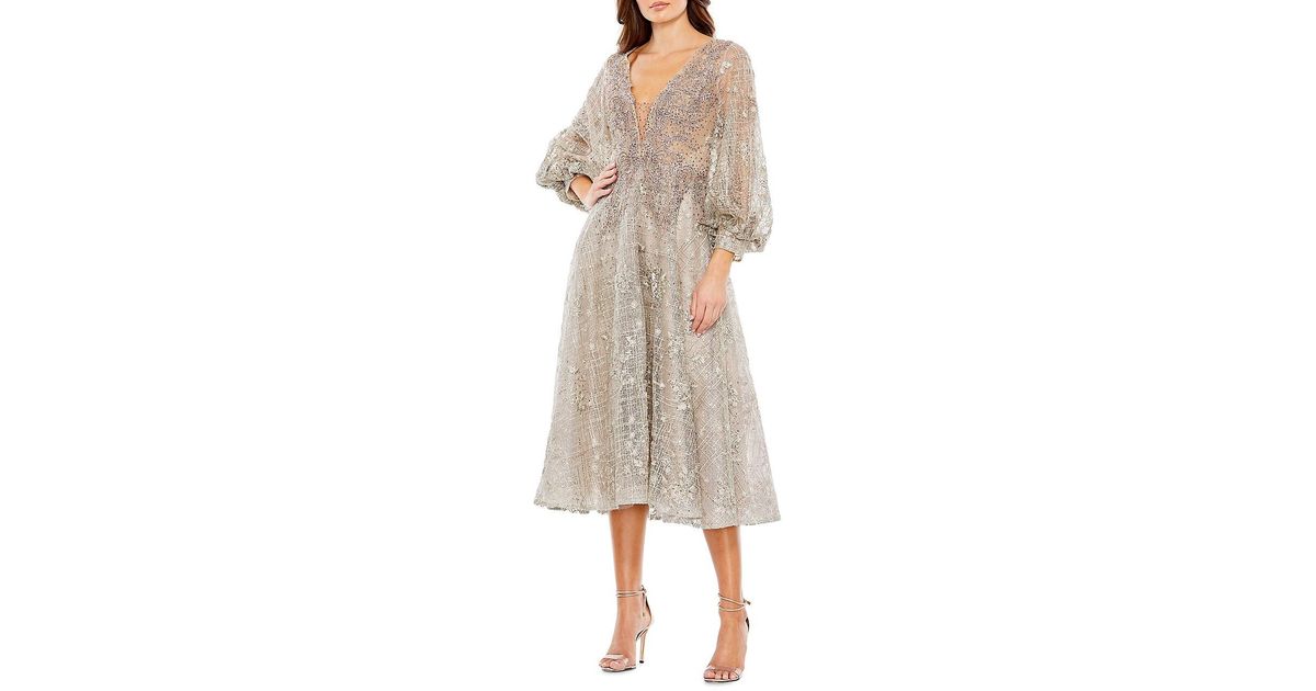 Mac Duggal Embellished Plunge-neck Bishop-sleeve Midi-dress in Natural ...
