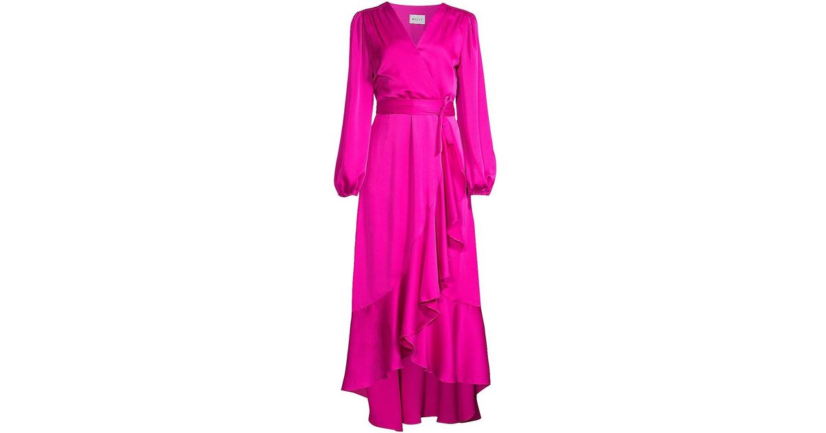 MILLY Halley Satin Wrap-effect Maxi Dress in Fuchsia (Pink) | Lyst
